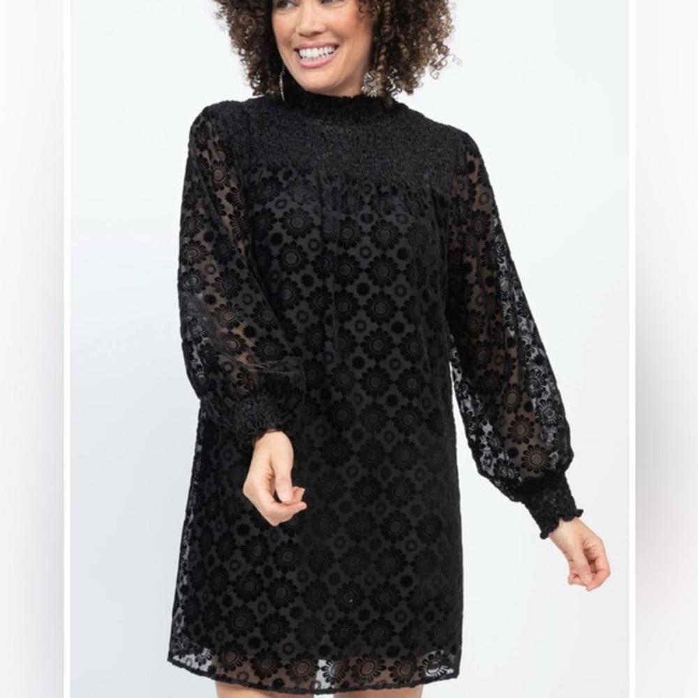 Uncle Frank Black Sheer Floral Long Sleeve Dress